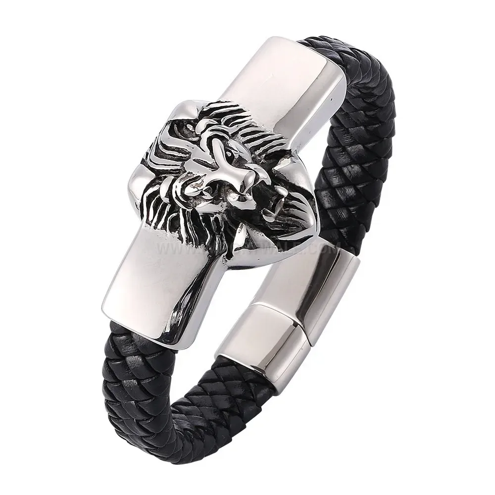 Bold Lion Head Black Leather Bracelet with Stainless Steel Details