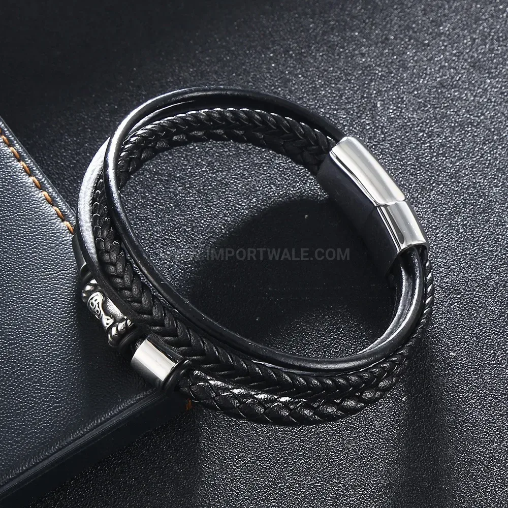 Multi Layer Woven Black Leather Bracelet with Stainless Steel Magnetic Clasp