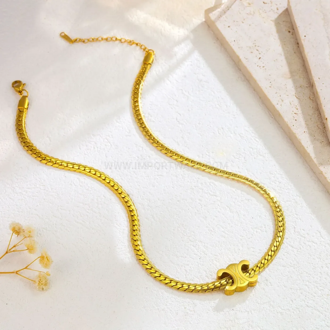 Chic 18K Gold Plated Titanium Steel Geometric Pendant Necklace and Bracelet