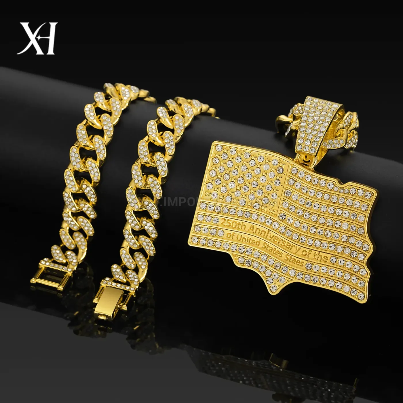 Fashion Rhinestone US Flag Star Letter Pendant Cuban Chain Necklace