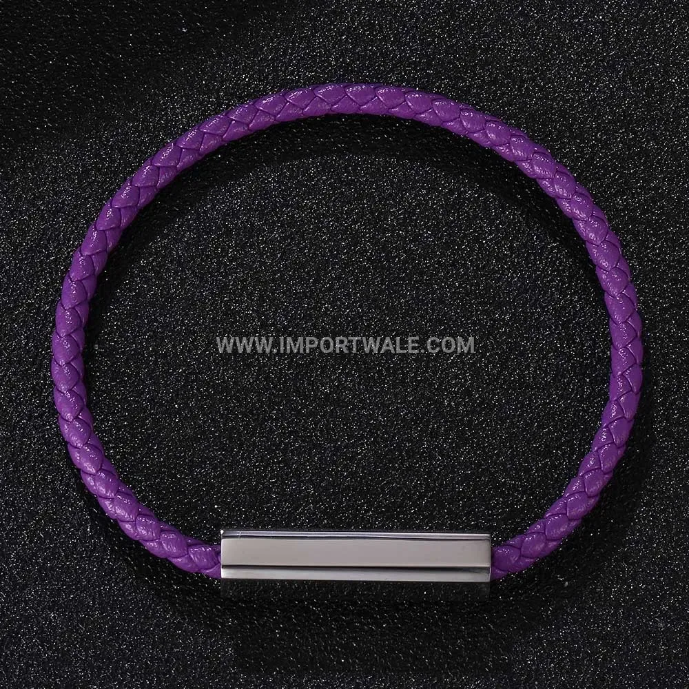 Woven Leather Bracelet with Polished Stainless Steel Magnetic Clasp