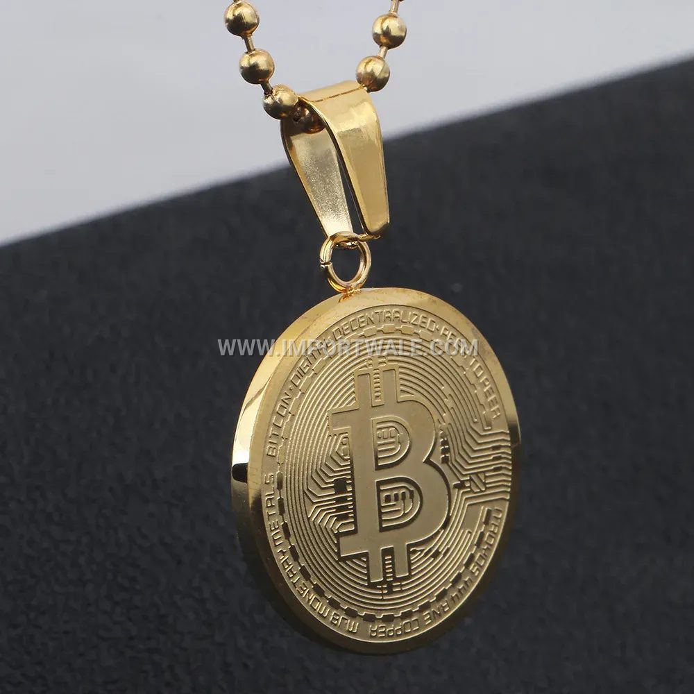 Stainless Steel Bitcoin Coin Medallion Pendant Necklace for Men