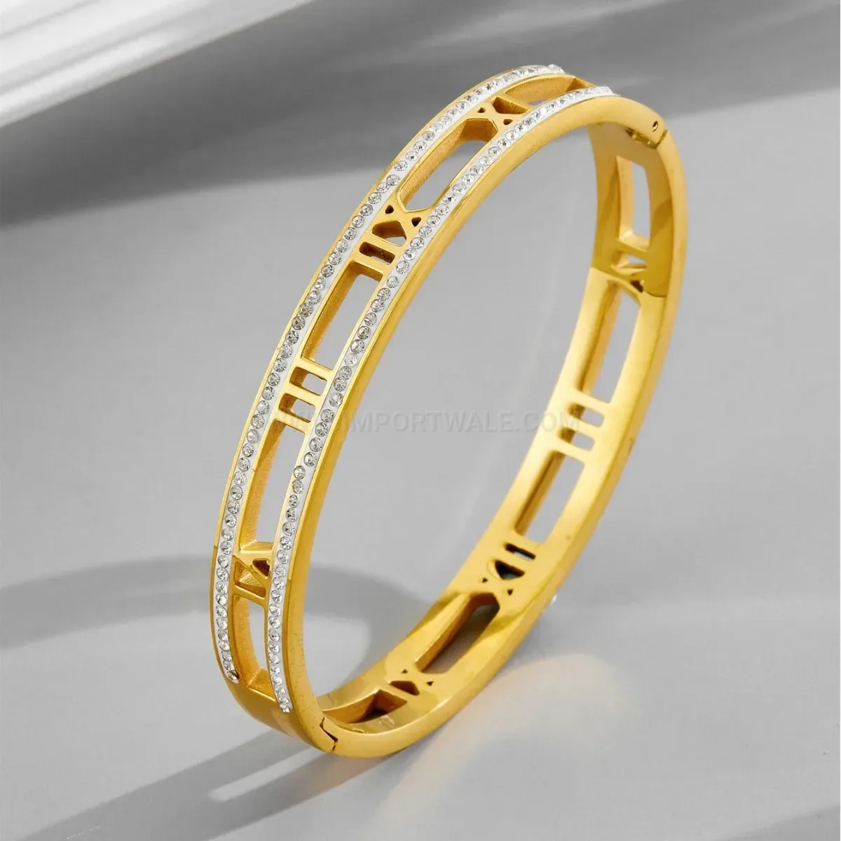 Double-Row Zirconia Hollow Roman Numeral Titanium Steel Bangle Bracelet
