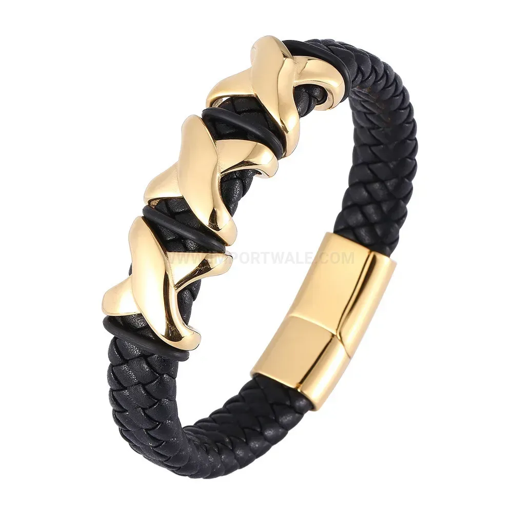 Gold Plated Stainless Steel Woven Leather Men Bracelet