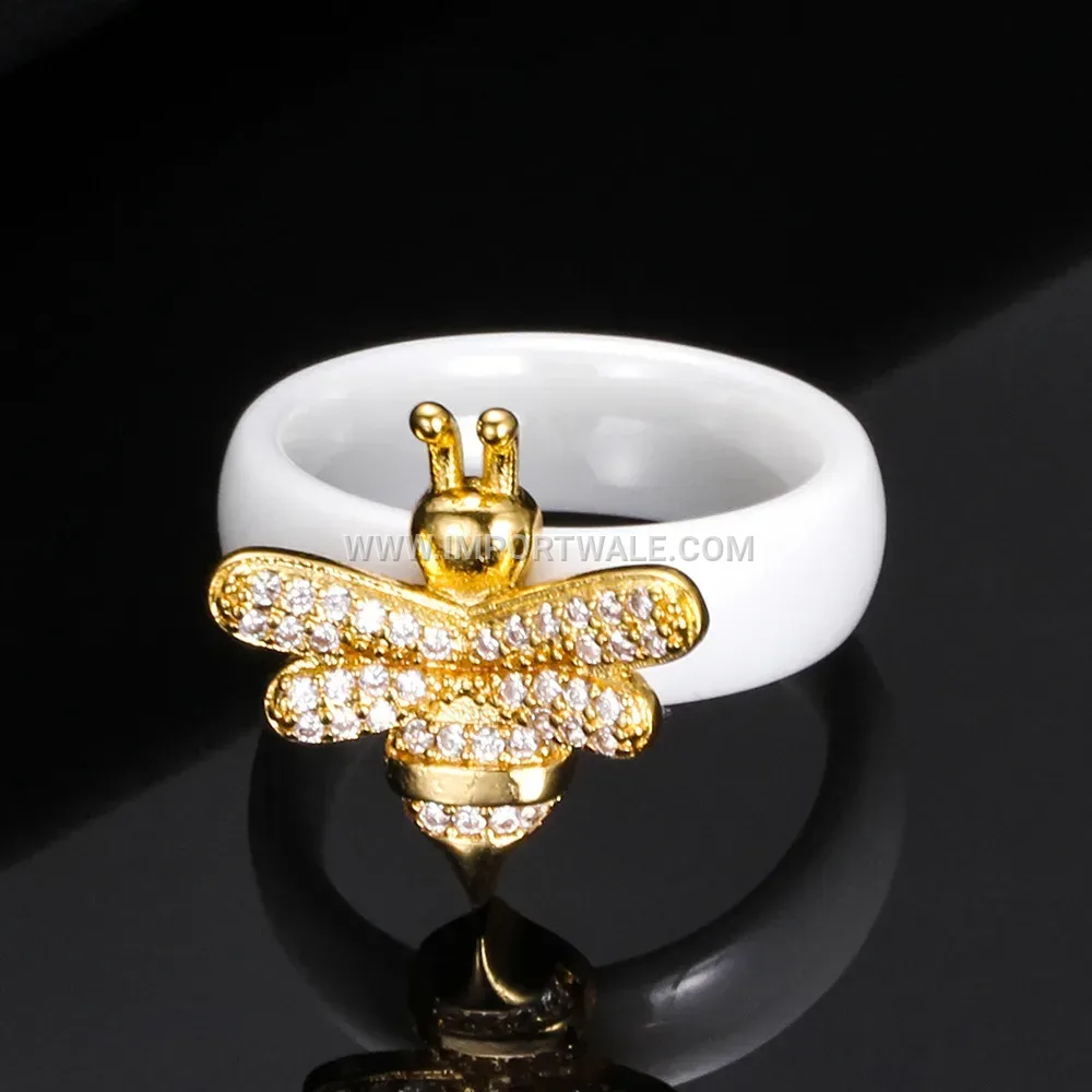 Bee Motif Micro-Pave Zirconia Polished Ceramic Band Ring