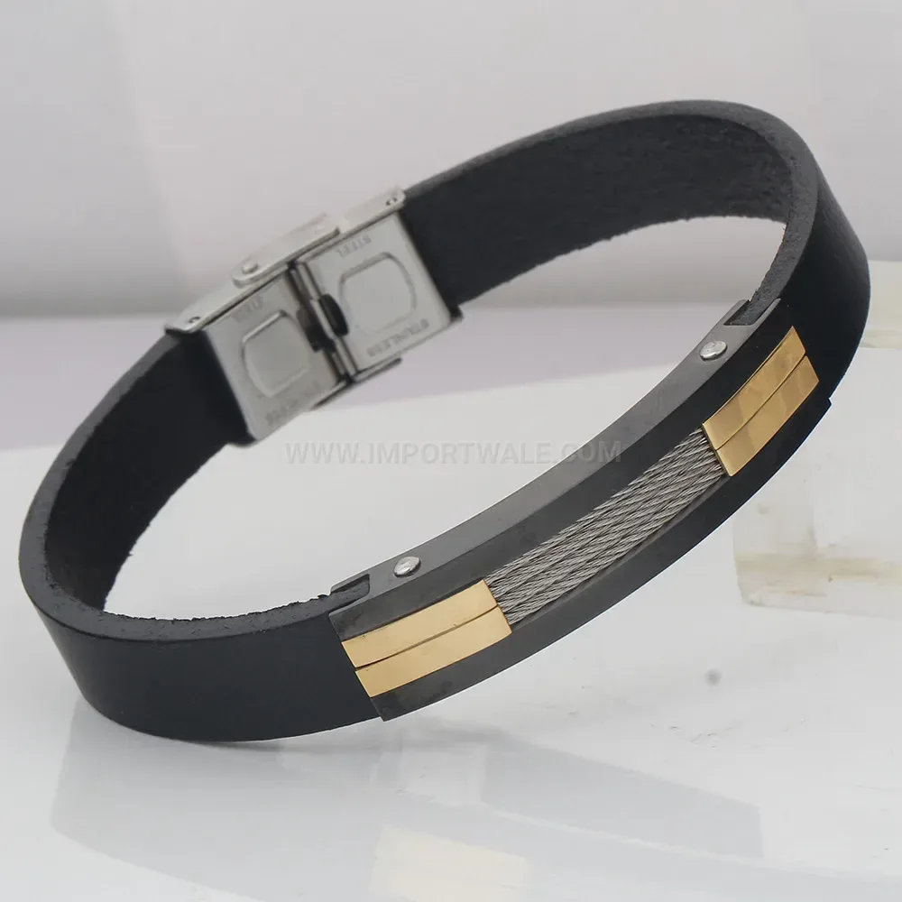Retro 11mm Stainless Steel Two-Tone Black Leather Cord Bracelet