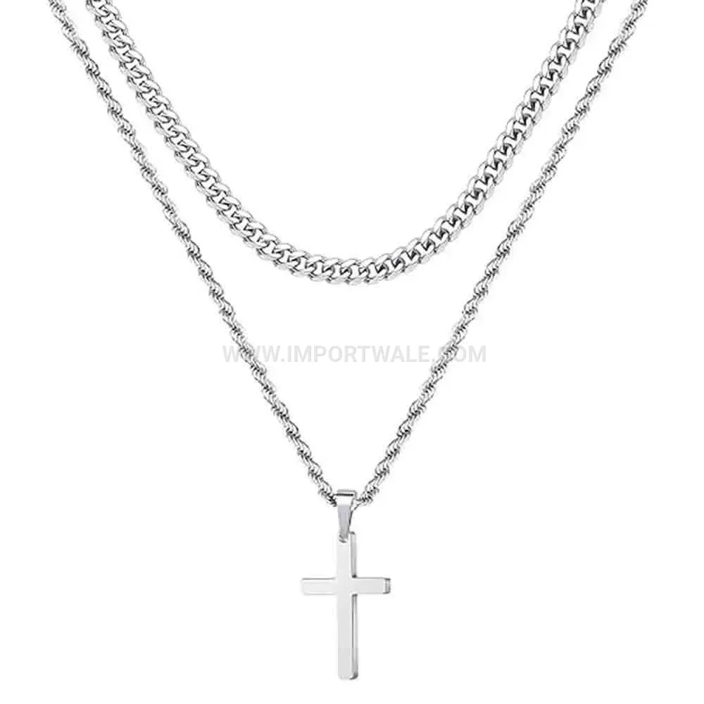 Double Layer Stainless Steel Cross Pendant Twist Chain Necklace