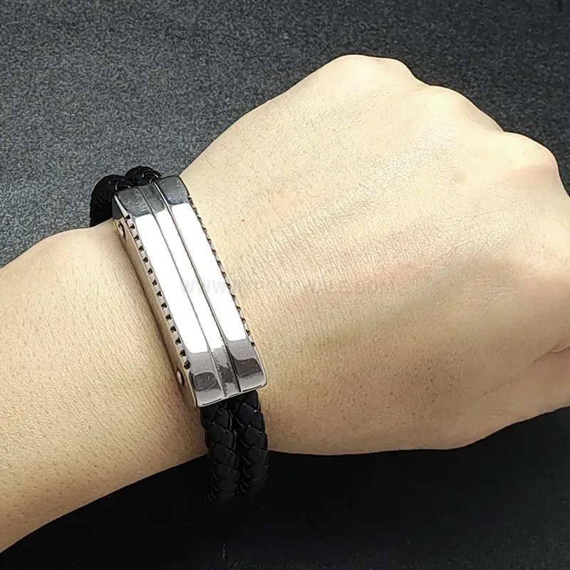 Fashion Men's Two-Tone Braided Leather Stainless Steel Punk Bracelet