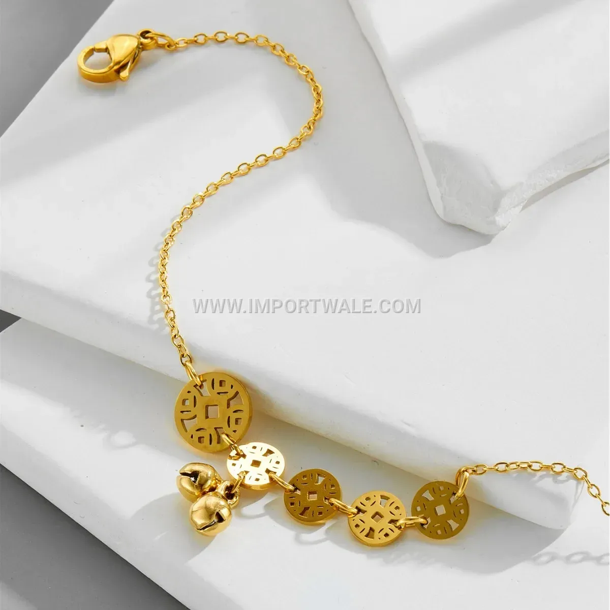 Vintage Coin Bell Charm Gold Toned Premium Anklet Anti Tarnish