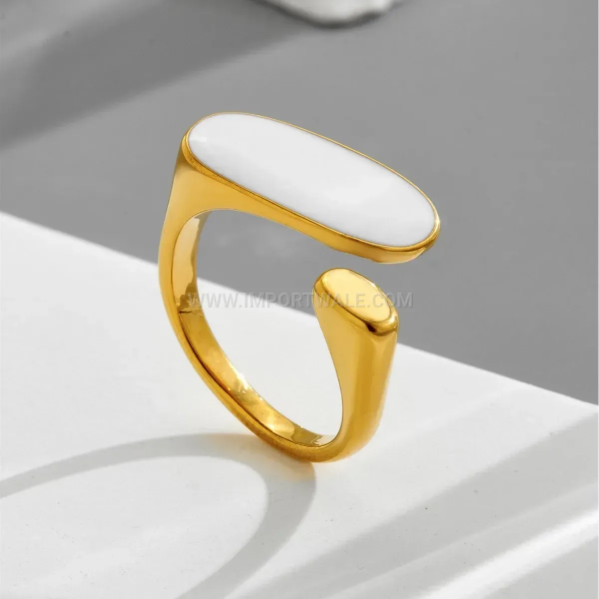 Gold Plated Titanium Steel Oval White Shell Open Band Ring