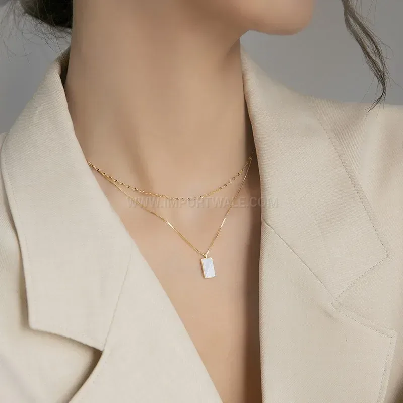 Trendy Layered Stainless Steel Geometric Shell Pendant Collar Necklace