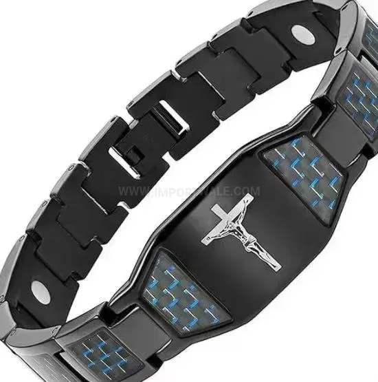 Men Titanium Steel Cross Bio Magnetic Bracelet In Black And Blue
