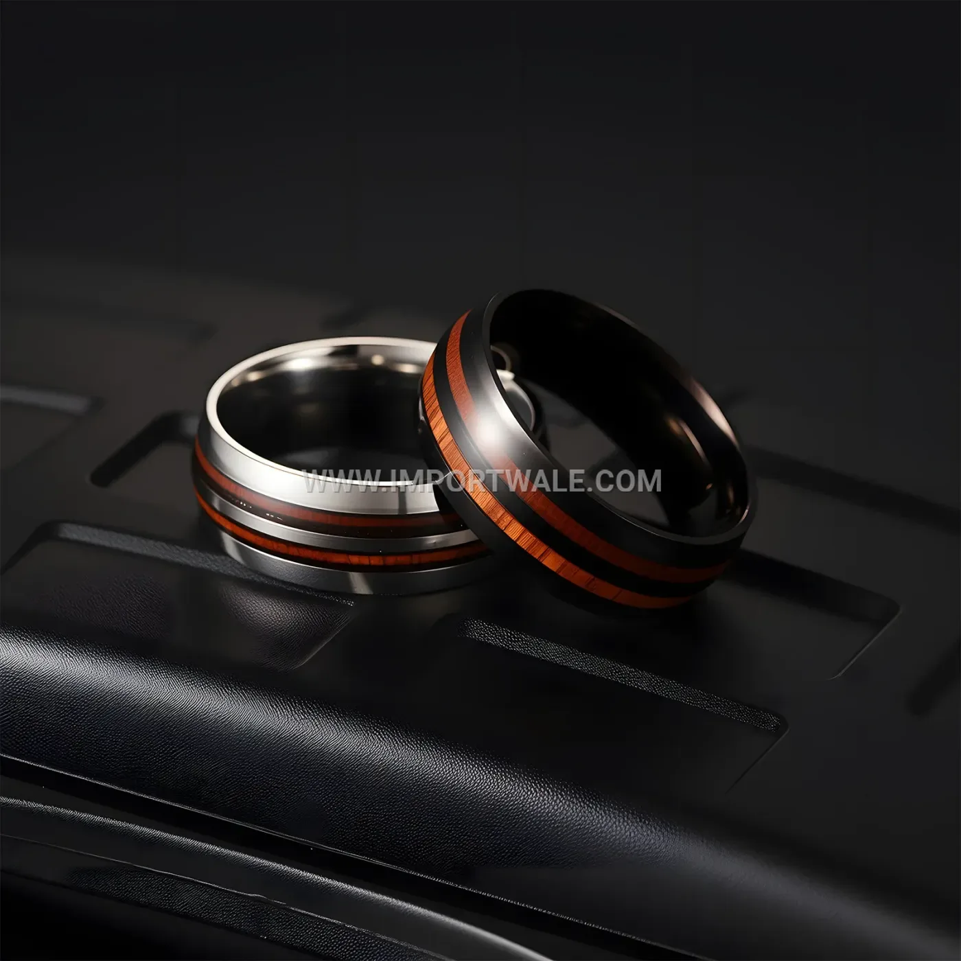Stainless Steel Wood Inlay Double Groove Men's Ring