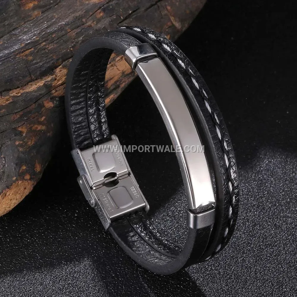 Sleek Black Leather Strap Bracelet Curved Stainless Steel Tube Bar