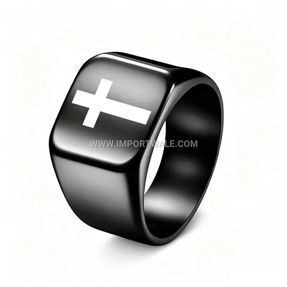 Engraved Cross Square Signet Ring in Stainless Steel