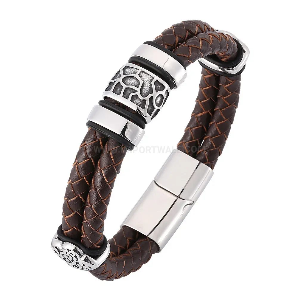 Elegant Braided Brown Genuine Leather Cuff Bracelet With Stainless Steel Clasp