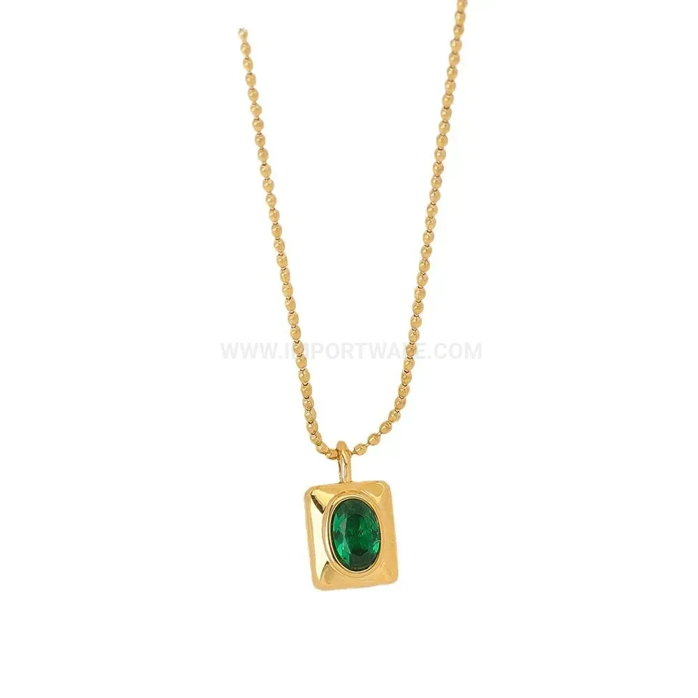 Stylish Titanium Steel Geometric Square Tag Necklace with Green Zircon Pendant
