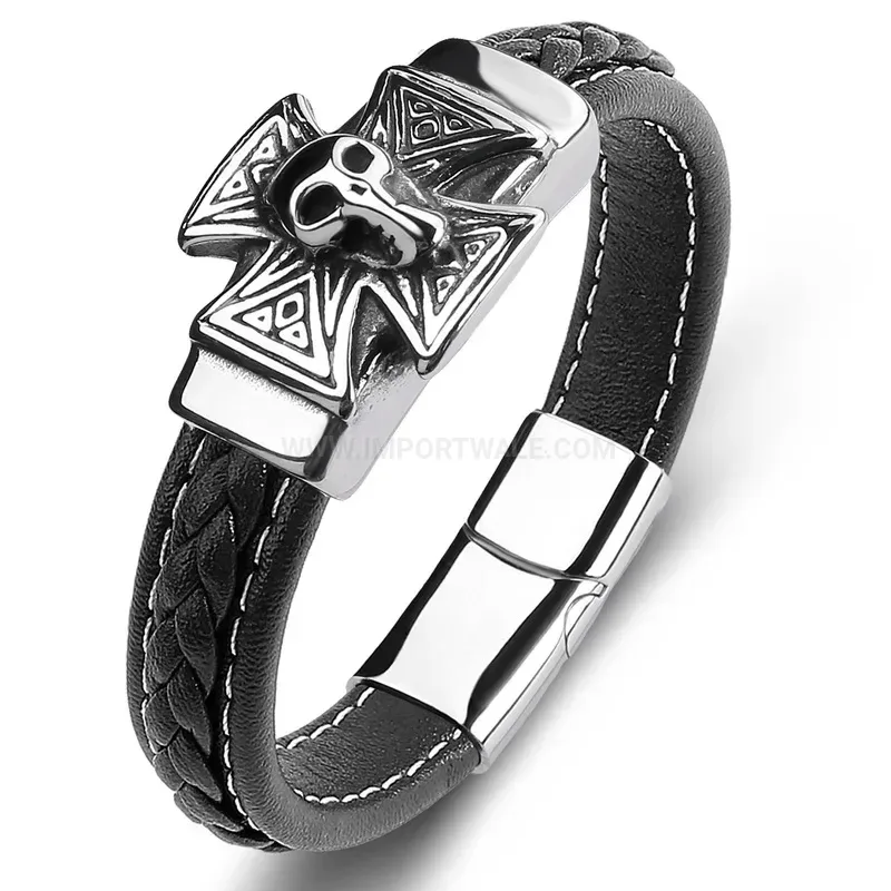 Stylish Gothic Skull and Cross Stainless Steel Leather Wristband Bracelet