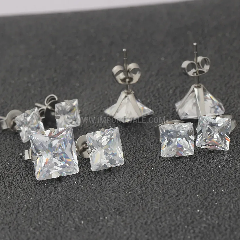 Square Cubic Zirconia Stainless Steel Geometric Stud Earrings