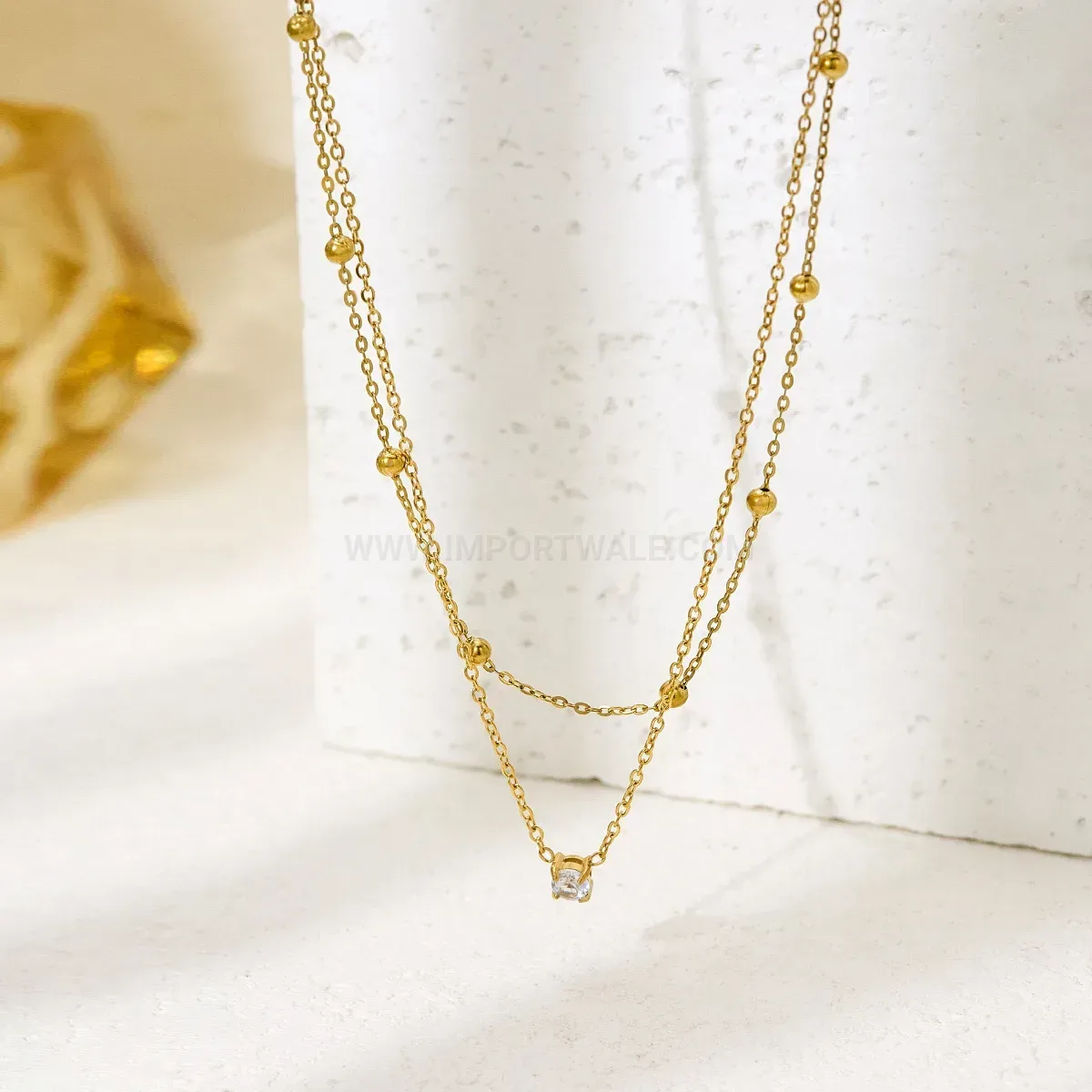 Fashion Double Strand Rhinestone Stainless Steel Layered Pendant Necklace