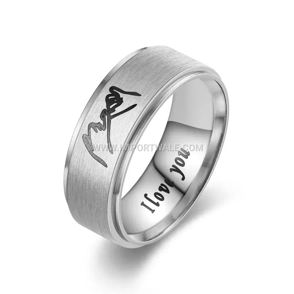 Stepped Edge Hand-in-Hand Engraved Stainless Steel Couple Ring Band