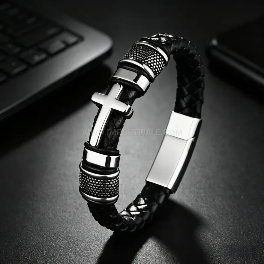 Bold Woven Leather Cross Bracelet With Alloy Magnetic Clasp