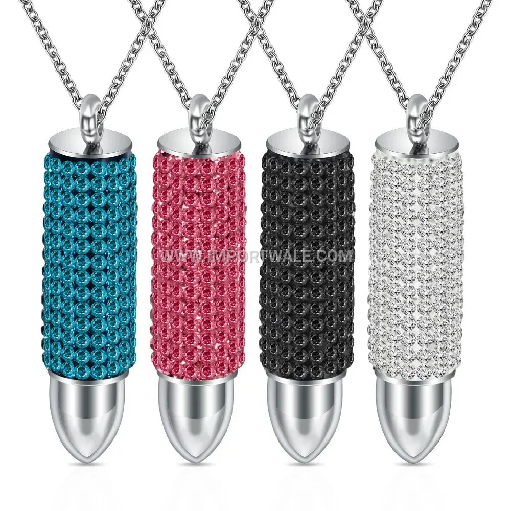 Rhinestone Bullet Motif Stainless Steel Pendant Necklace