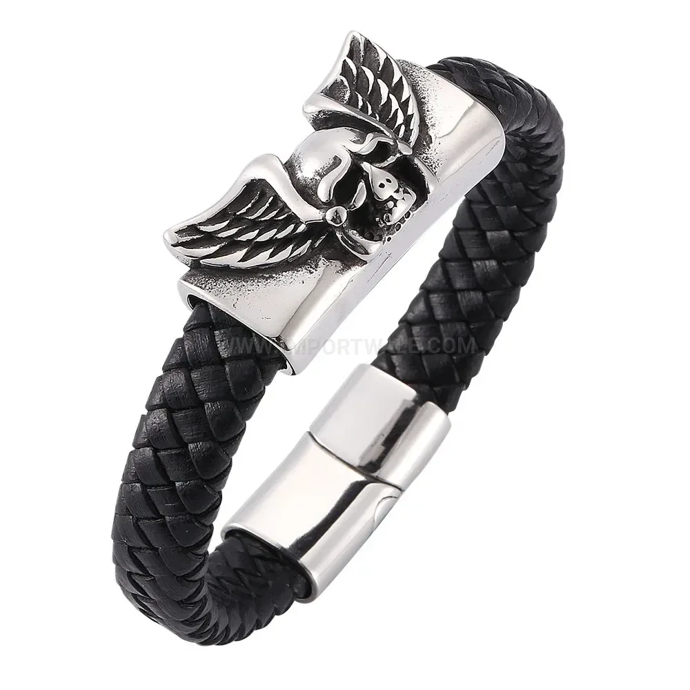 Chic Punk Skull Angel Wings Leather Stainless Steel Wristband