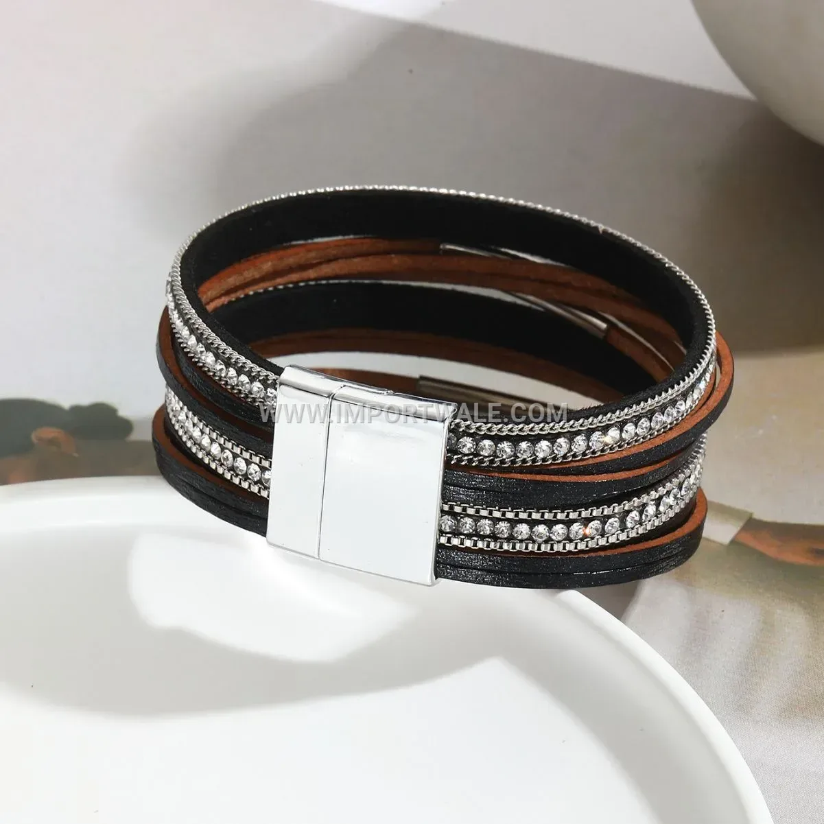 Multi Layer Leather Chain Tube Wrap Bracelet with Rhinestones