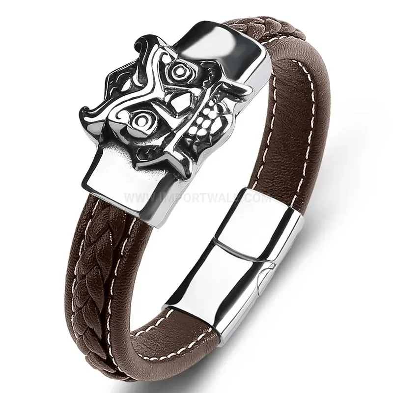 Trendy Skull Mask Stainless Steel and Leather Men's Statement Bracelet