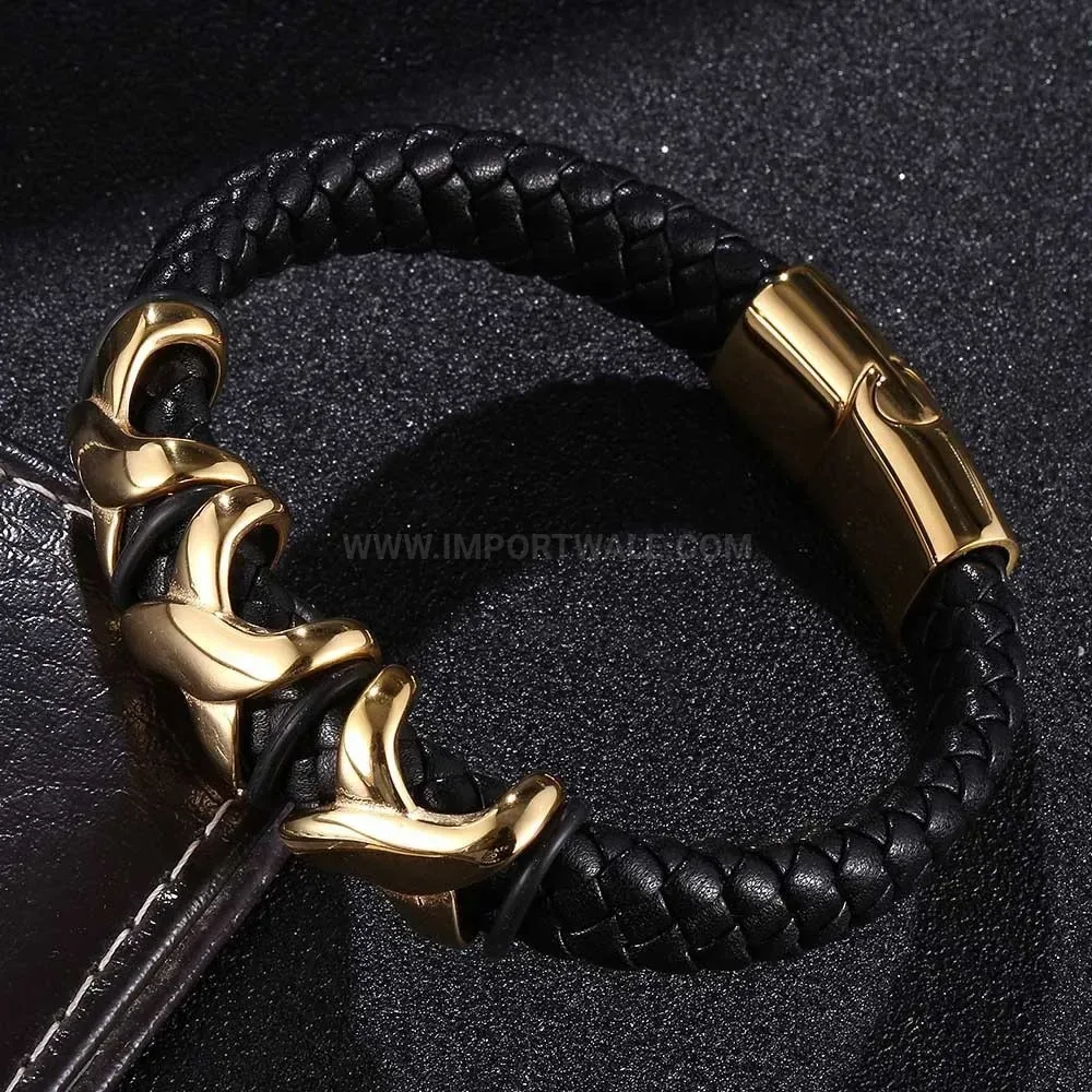 Gold Plated Stainless Steel Woven Leather Men Bracelet