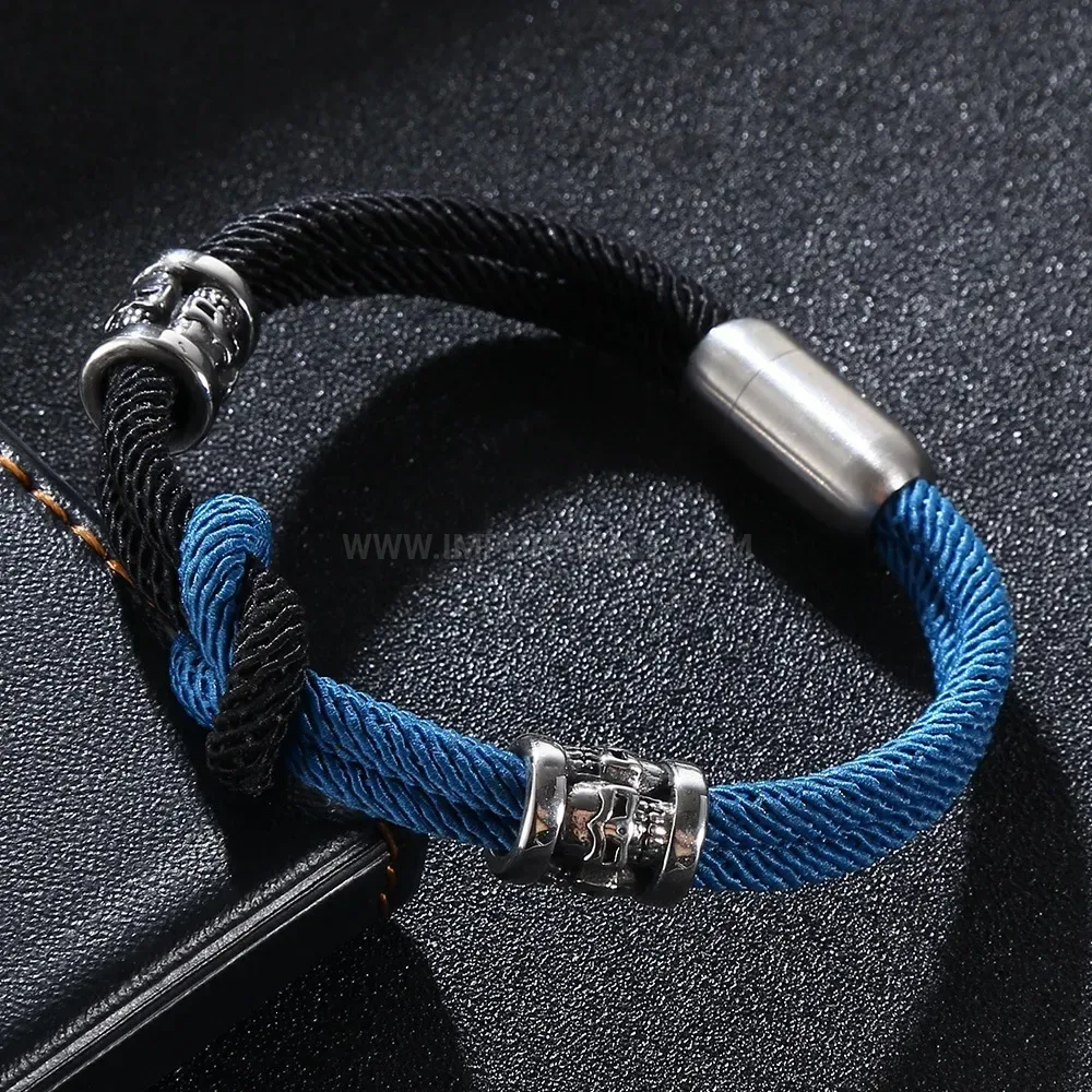 Double-Layer Blue and Black Leather Stainless Steel Bracelet