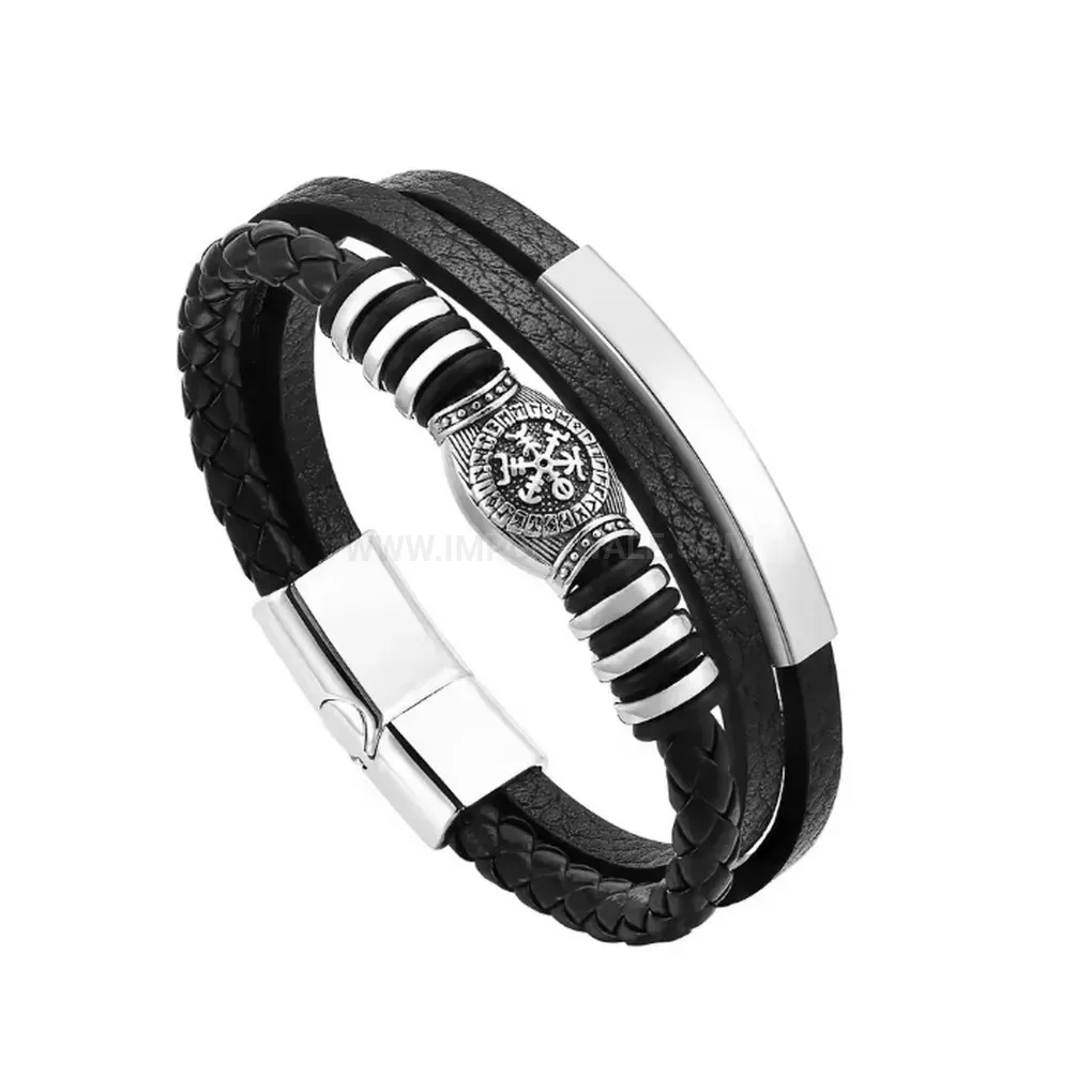 Trendy Triple Layer Patterned PU Leather Wristband With Magnetic Alloy Closure