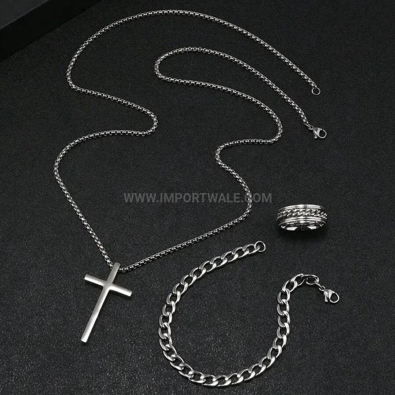 Streetwear Stainless Steel Cross Pendant Three Piece Jewelry Set
