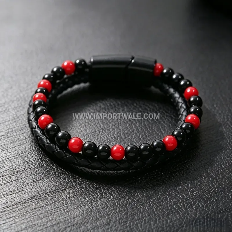 Men Braided Leather and Natural Stone Bracelet with Magnetic Clasp
