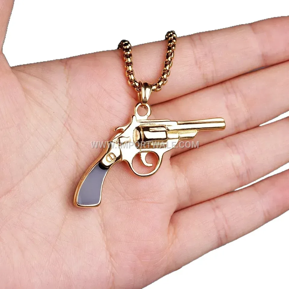 Gold Stainless Steel Pistol Pendant with Resin Inlay