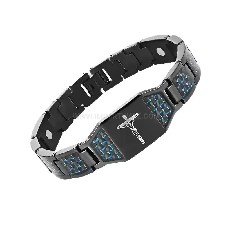 Men Titanium Steel Cross Bio Magnetic Bracelet In Black And Blue