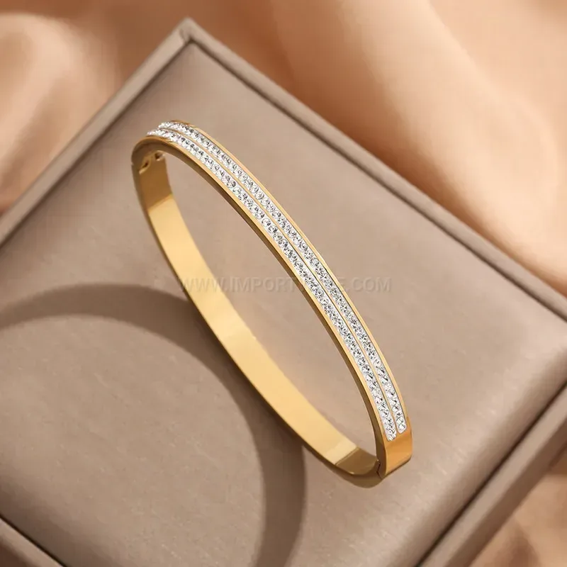 Double Row Rhinestone Plated Titanium Steel Bangle Bracelet