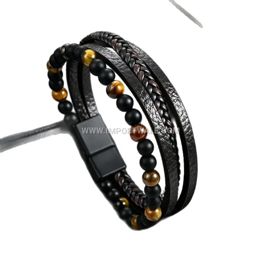 Multi-Strand Woven Leather Beaded Bracelet with Magnetic Clasp