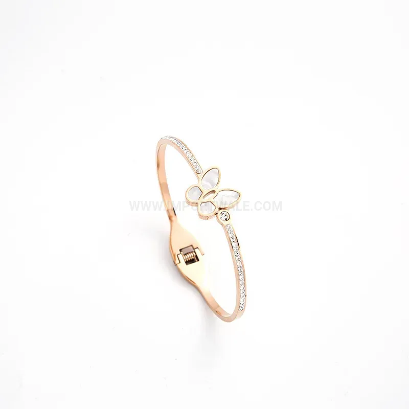 Rhinestone Butterfly Faux Shell Titanium Open Bangle