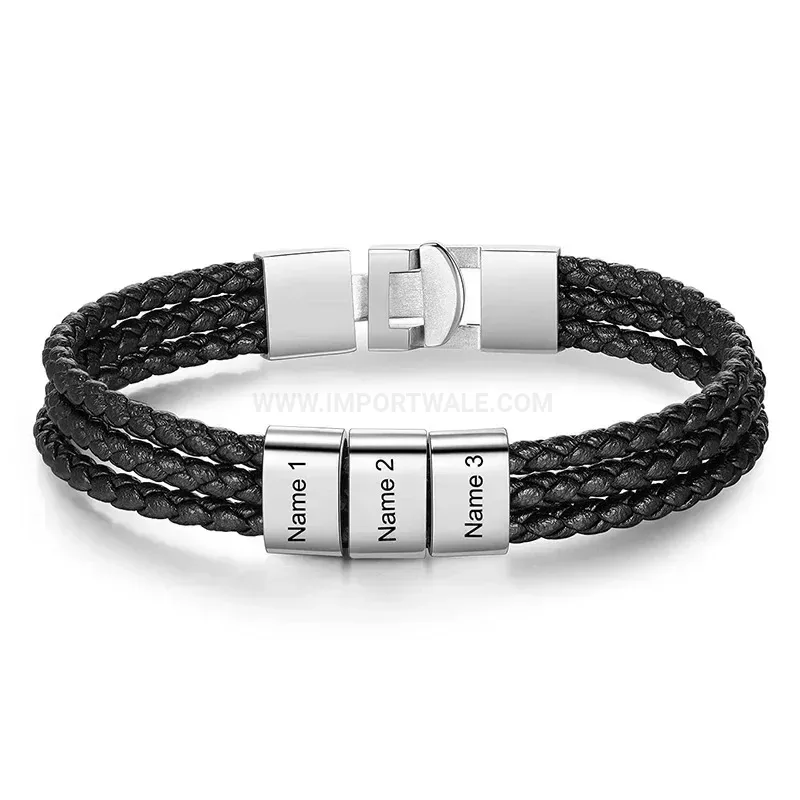 Chic Braided Leather Wristband with Custom Engraved Alloy Magnetic Clasp