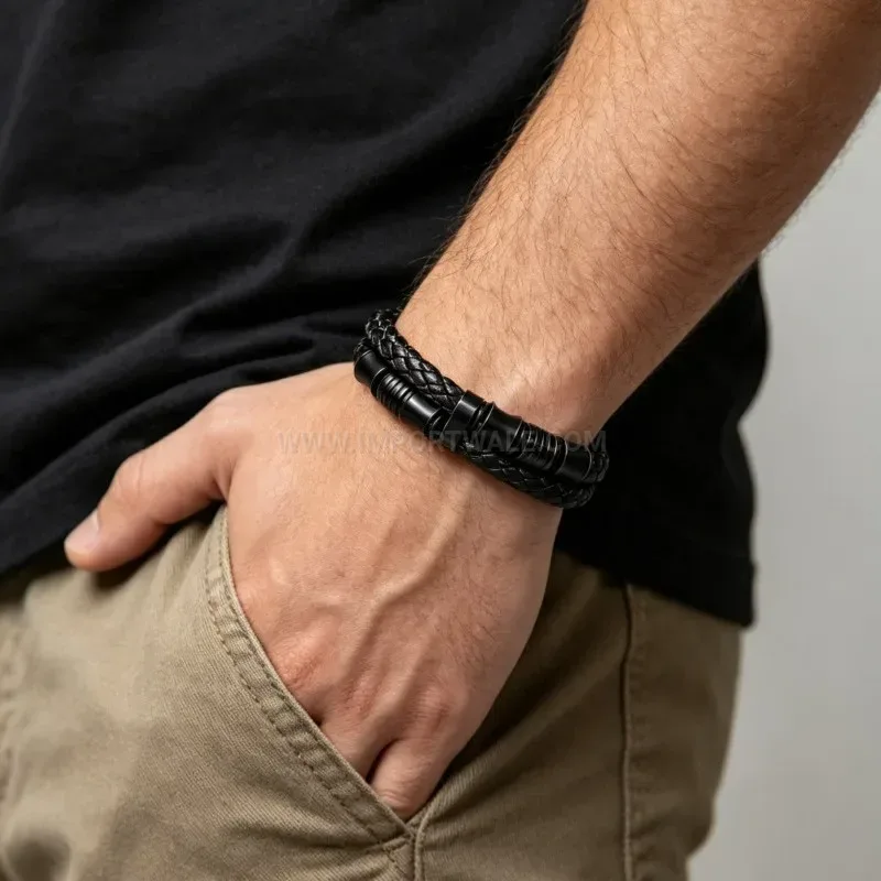 Premium Men Woven Leather Magnetic Bracelet With Engraved Sentiment Card