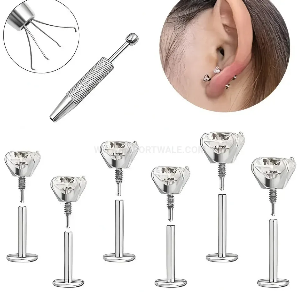 Elegant Internal Thread Cubic Zirconia Flat Back Stainless Steel Stud Set