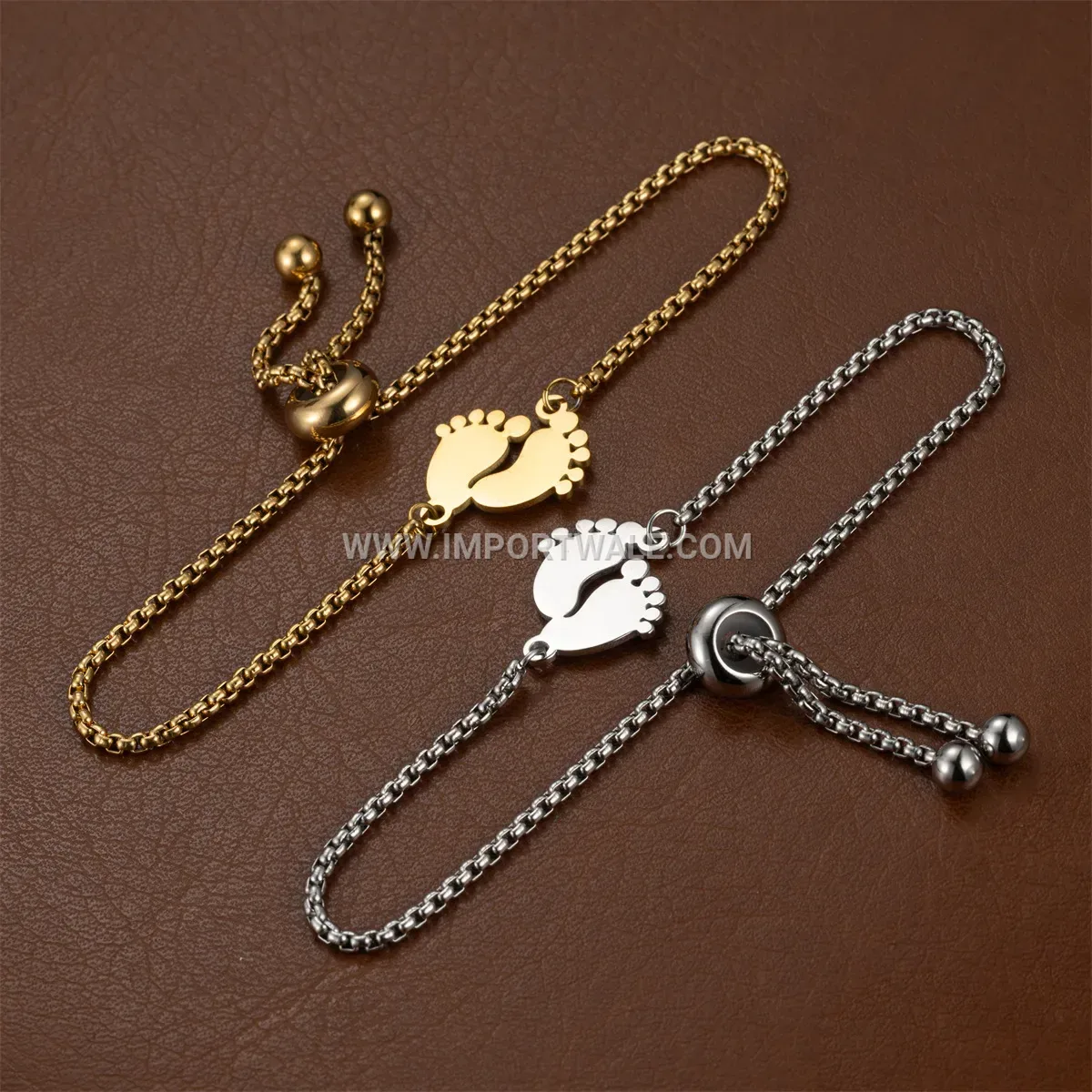 Stainless Steel Footprint Charm Bracelet with Pearl Chain