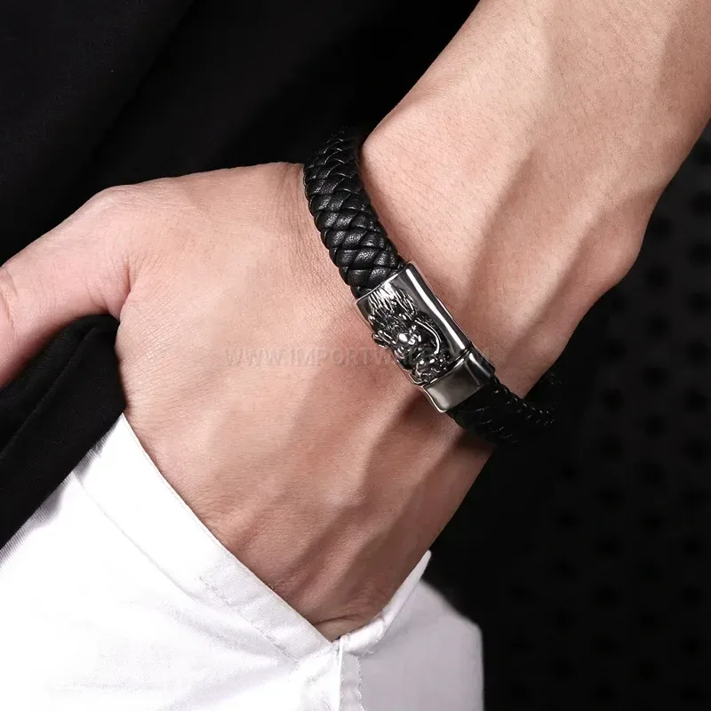 Bold Dragon Head Stainless Steel and Genuine Leather Men's Bracelet