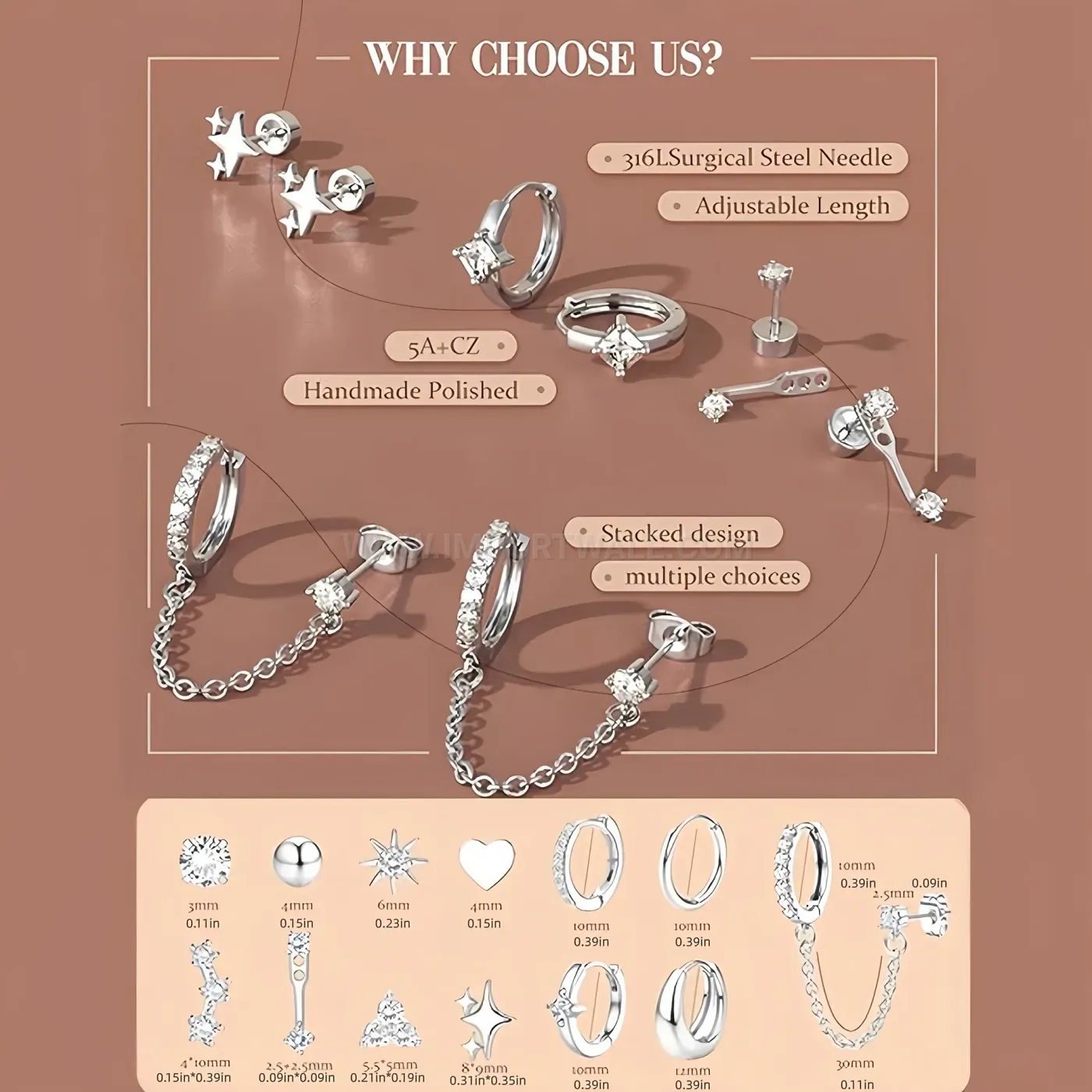 Designer Geometric Rhinestone Stainless Steel Threaded Cartilage Earring Set