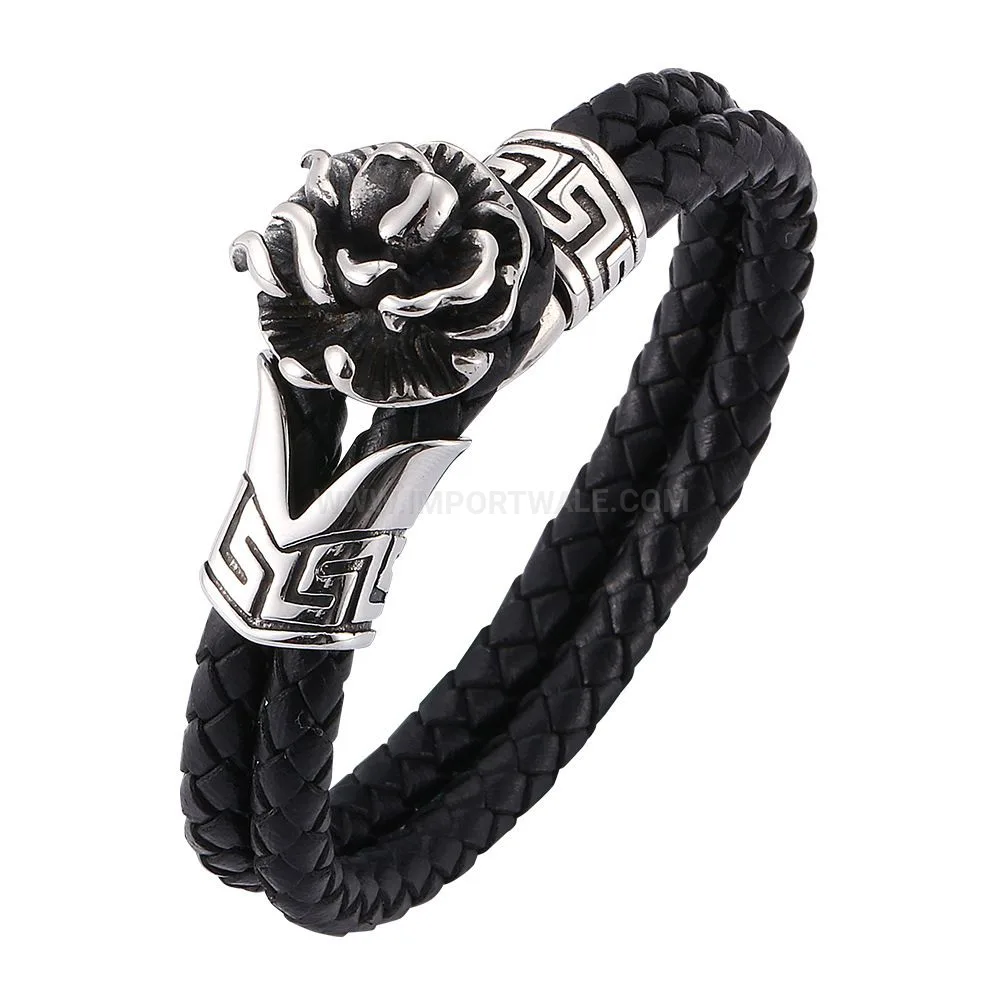 Vintage Camellia Stainless Steel Braided Leather Bracelet