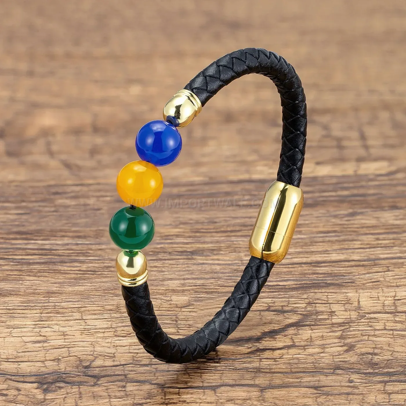Vintage Braided Leather Stones Bracelet with Stainless Steel Clasp