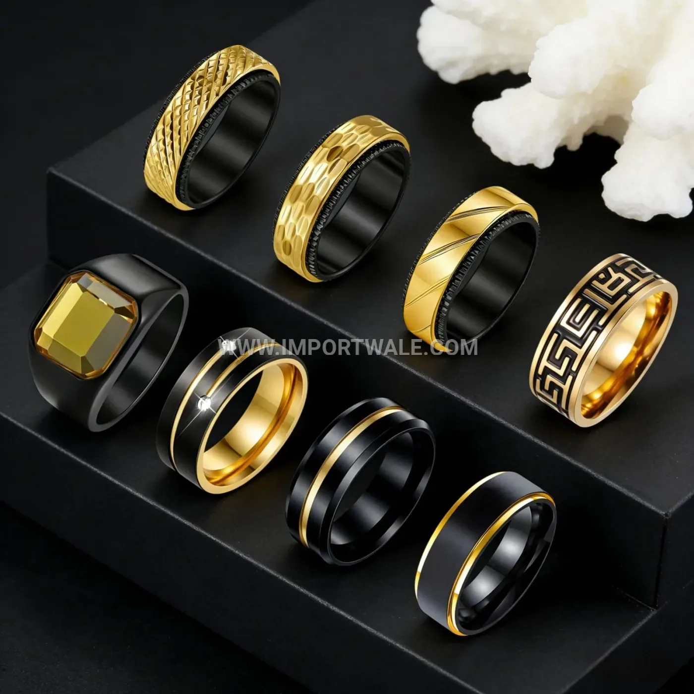 18K Gold Plated Stainless Steel Black Tone Ring Set