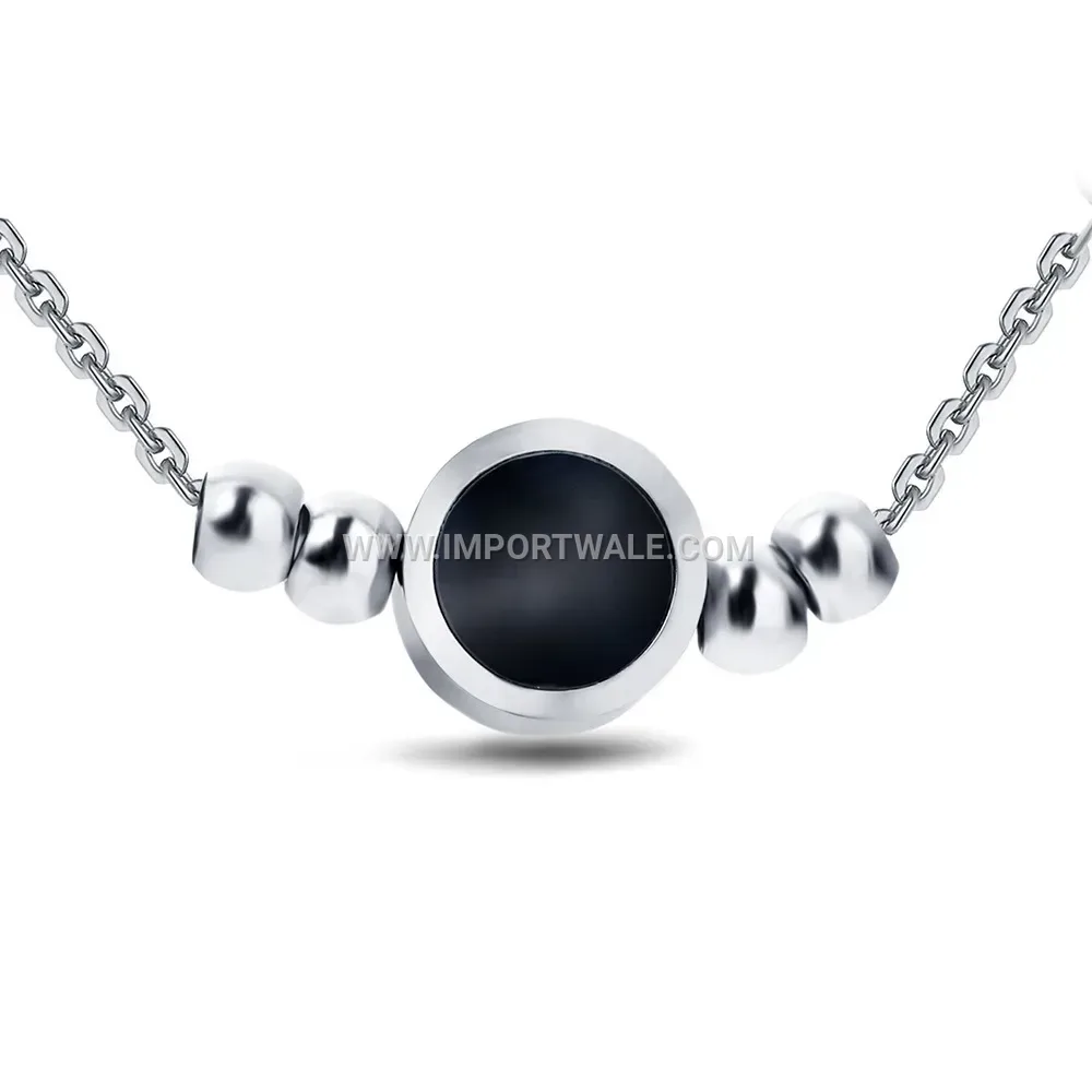 Enameled Black Circular Bead Stainless Steel Chain Necklace